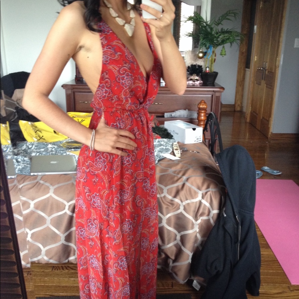 Red Paisley Pattern Halter Dress with Side Slits